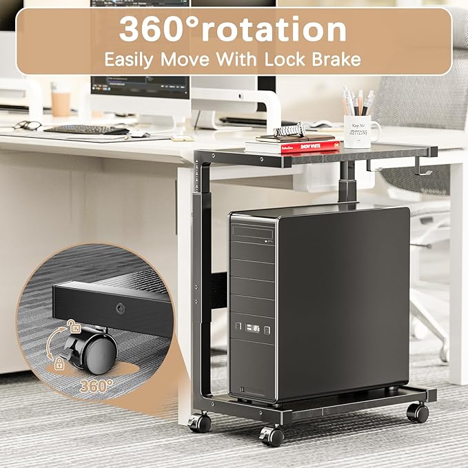 Computer Tower Stand - Height Adjustable PC Tower Stand CPU Holder Cart with Locking Wheels and 4 Hooks for Home Office, 23.03"-28.3" H, Black