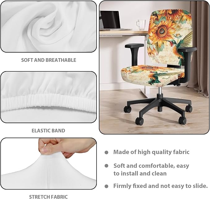 GLENLCWE Hummingbird Sunflower Stretch Desk Office Chair Seat Covers,Universal 2 Pack Computer Chair Slipcovers Washable Backrest Coverings and Cushion Covers