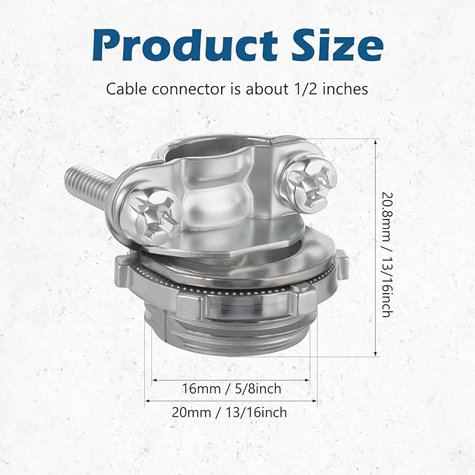 25 Pack 1/2 inch Clamp Type Cable Connectors, Zinc Alloy Wire Clamps for NM Cables, Electric Wires, Metallic Conduit, Electrical Box
