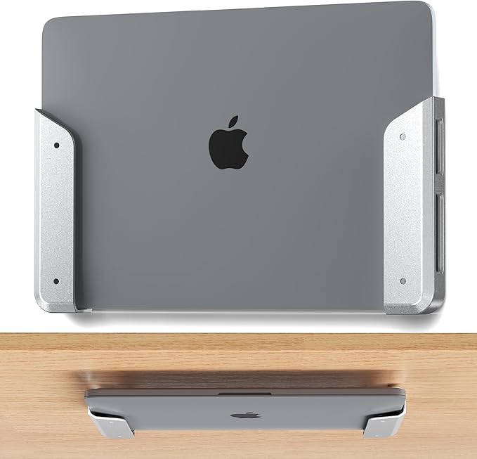 ELETIUO Wall & Under Desk Laptop Mount Holder–Adhesive & Screw in,1.02"/ 26 mm,Anti-Scratch Pads,Universal for MacBooks,Surface,Keyboards,Tablets,Switch &More,Matte Silver