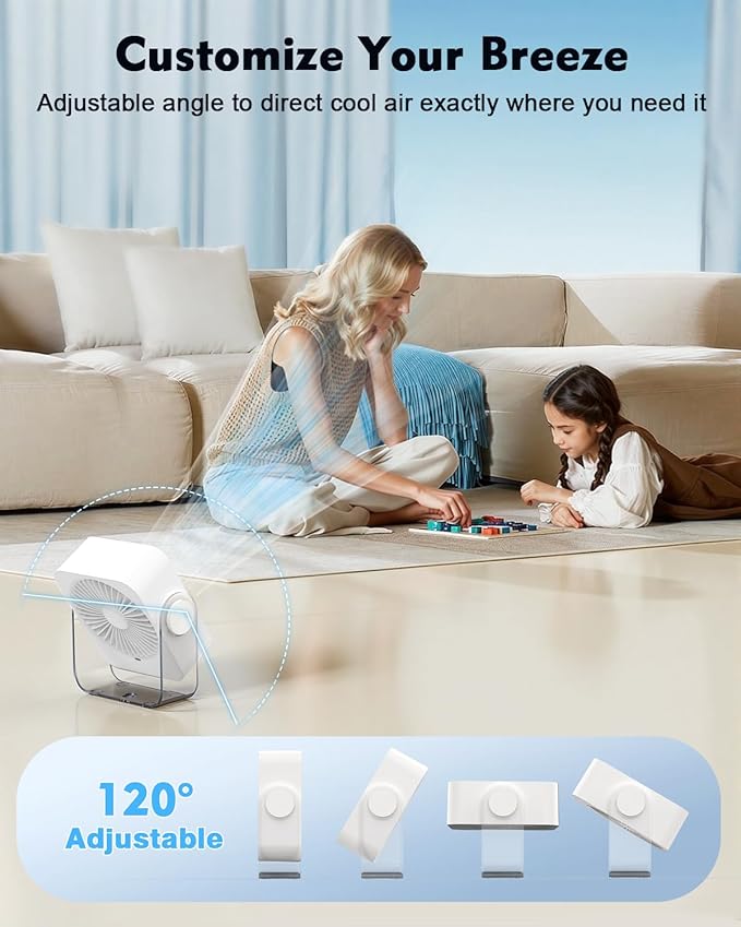 Rechargeable Desk Fan: Small Battery Operated Fan 5000mAh, 199 Speeds Digital Display, 120° Tilt Adjustable, 6.6" Quiet Table Top Fans for Bedroom Home Dorm Office Travel, Beige