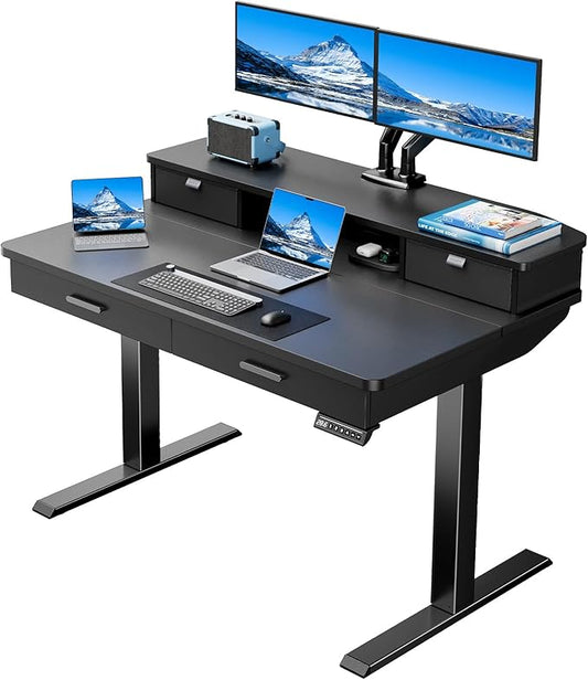 HUANUO 48 x 30 inch Electric Standing Desk with Wood Drawers, Adjustable Height Sit Stand Home Office Desk with Two Tiers, Ergonomic Adjustable Stand up Desk C-Clamp Monitor Mount Compatible, Black
