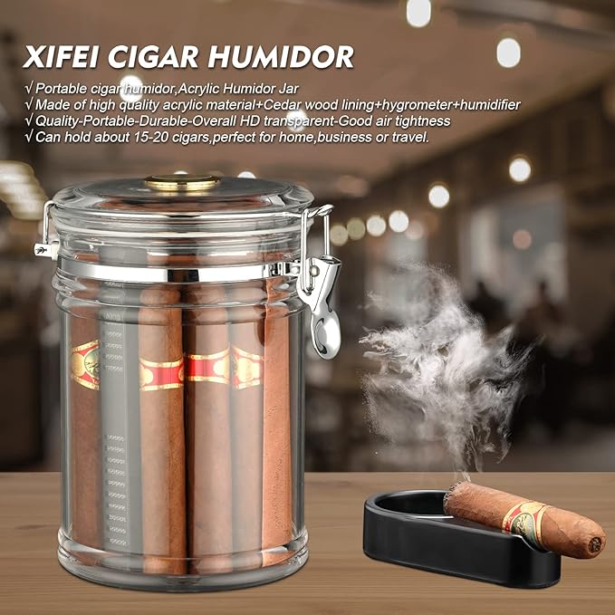 XIFEI Acrylic Humidor Jar with Humidifier and Hygrometer,humidor That can Hold About 18 Cigars (Clear)