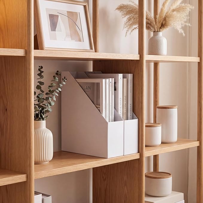 EXYGLO 6 Pack White Magazine File Holder, Cardboard Magazine Rack with Label, Foldable Storage Organizer Box for Book, Documents, 10x3.3x12 Inches