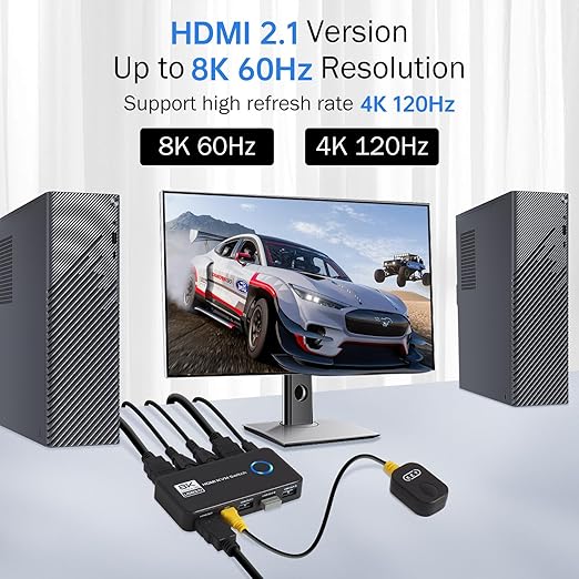 USB 3.0 KVM Switch 1 Monitor 2 Computers - 4K@120Hz 8K@60Hz HDMI 2.1 KVM Switches with 3 Ports for Sharing Monitor Keyboard Mouse Hard Drives and Printer Includes 2 HDMI & USB Cables and Controller