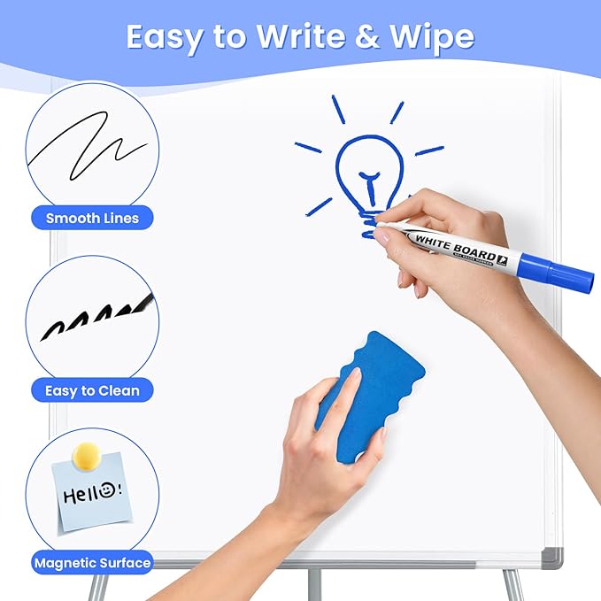 MAKELLO Flip Chart Easel, Magnetic Dry Erase Board with Stand for Office Classroom Home School, Extended Display Arms and Adjustable Height, 36x24 in