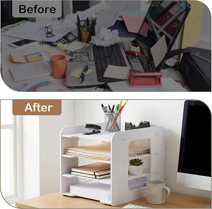 Desk Organizer, 4-Tier File Organizer for Desk, Letter Tray Paper, Desktop Document Sorter for Letter, File Folder Holder with Pen Holder for Office, Home or School- White MLT001W4