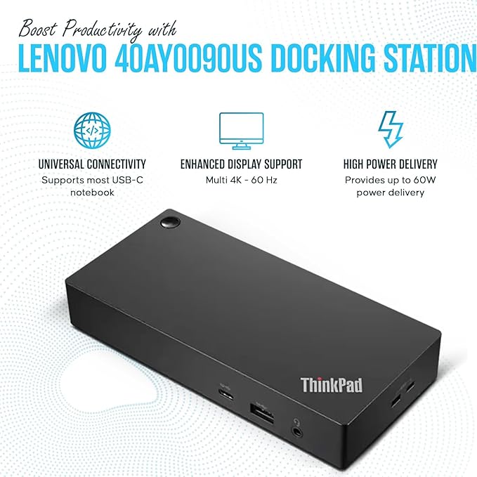 40AY0090US Lenovo Thinkpad Docking Station Dual Monitor - Supports 4K Display, Thinkpad Dock with 90W, HDMI, DP, USB C Cables - Lenovo Docking Station