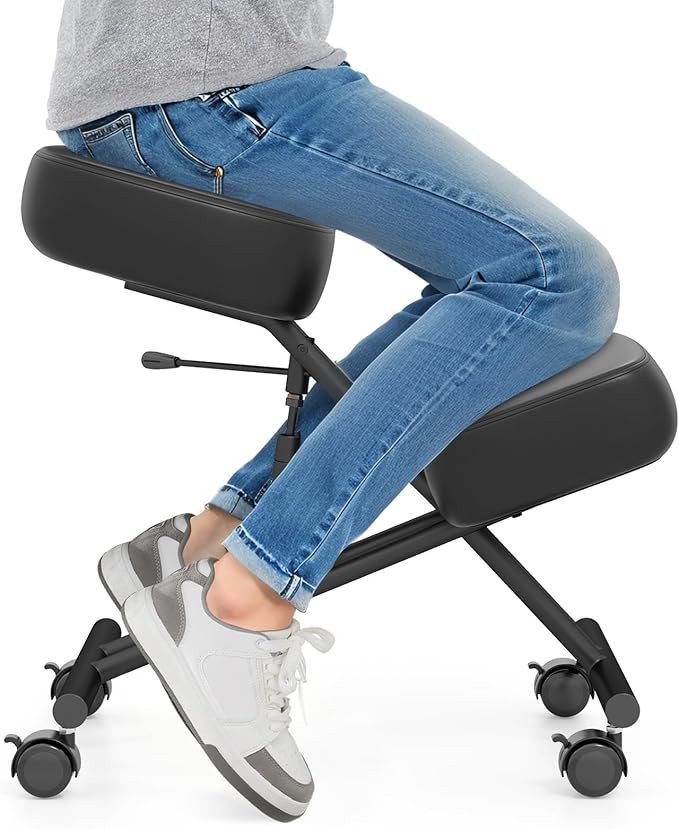 Giantex Ergonomic Kneeling Chair for Office, Knee Stool Chair w/Adjustable Height and Seat Angle to Relieve Pain, Posture Desk Chair w/Lockable Universal Wheels, Thick Padded Cushions, Black (1)