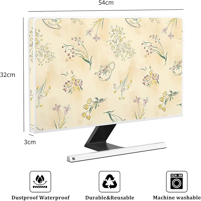 Orange Cottagecore Floral Waterproof 22, 23, 24, 25 Inch Anti-Static Dustproof LCD/LED/HD Teapot Botanical Desgin Monitor Accessories Laptop TV LCD Screen Monitor Decoration for Tablet