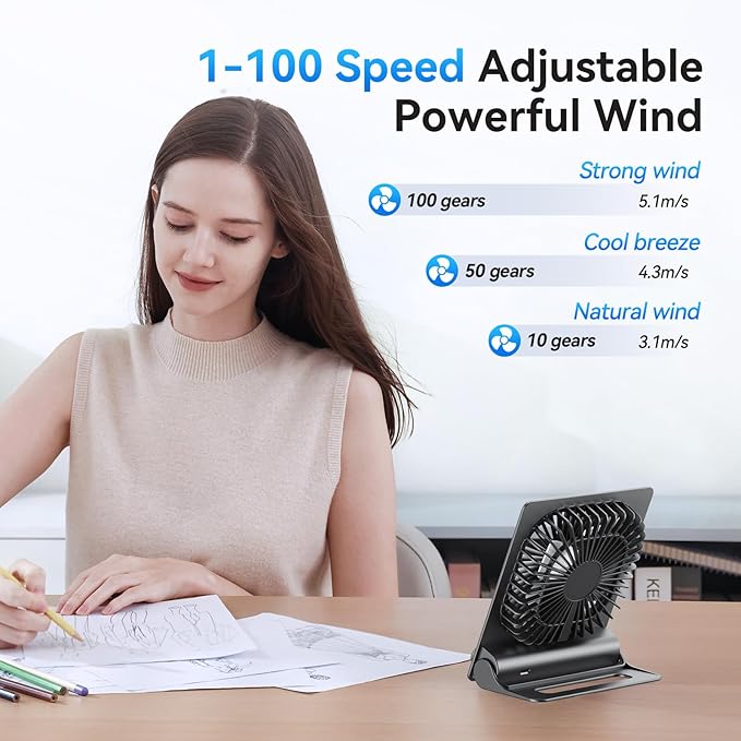 Desk Fan, 6.61''Ultra-thin Battery Powered Fan with Powerful Wind,100 Speeds Adjustable&Digital Display,Timer,Ultra-quiet Small Portable Fan for Bedroom,Office,Travel (Black and Black, 5000mAh)
