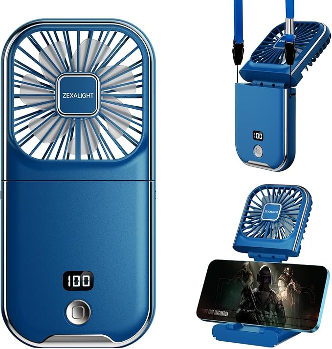 USB Rechargeable Upgraded 5-in-1 Portable Handheld Fan, Necklace Fan, Desk Fan, Foldable Phone Stand, 4 Speeds Airflow, Quiet Personal Fans with LED Digital Screen (Blue)