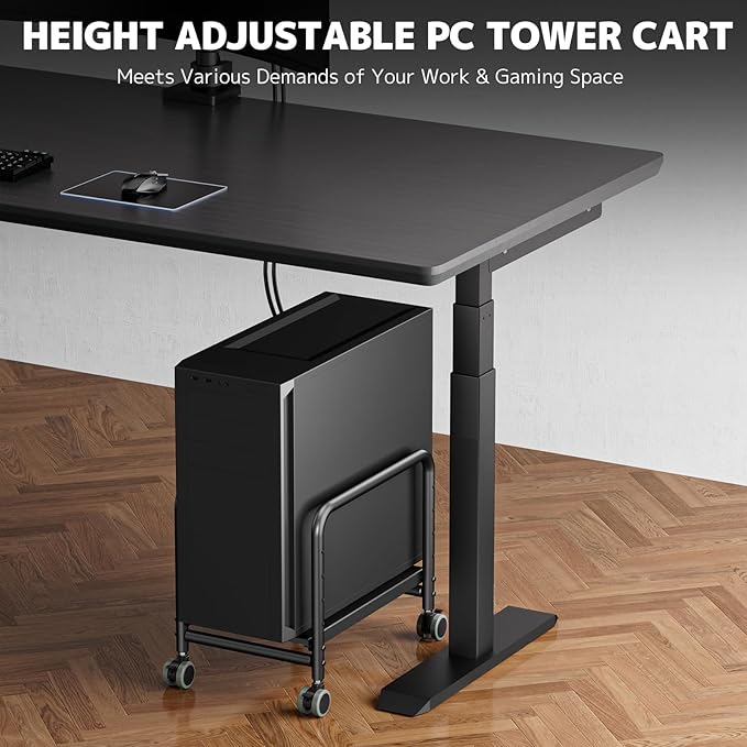 PUTORSEN Computer Tower Stand Under Desk - Height Adjustable PC Stand for Most Mid-Tower, Rolling CPU Holder with 360° Locking Wheels, Max Load 66 lbs, Black