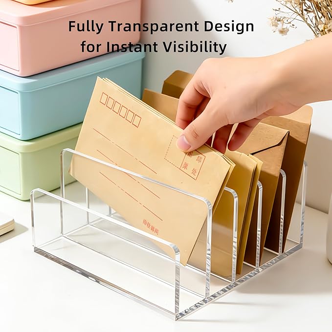 Clear Acrylic Desk Organizer – 5 Compartment Mail Holder & Letter Sorter for Office, Bills, Documents, Notebooks – Modern Vertical File Rack for Home