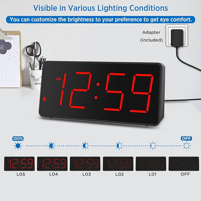 Peakeep Digital Clock, Alarm Clock for Bedrooms with USB Charger Port - Large Big Numbers 5 Brightness for Seniors, Battery Backup, Loud Alarm 5 Volums (Black with Red Digits)