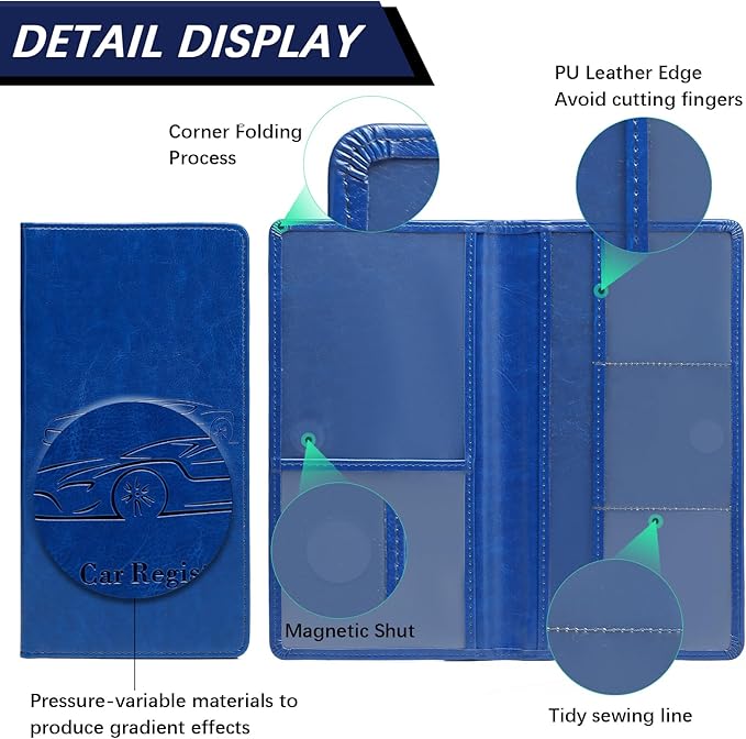 Car Registration and Insurance Card Holder for Women Men, Dark Blue Glove Box Paperwork Organizer with Magnetic Buckle for Easy Access and Protect Documents and Various Cards in Vehicle
