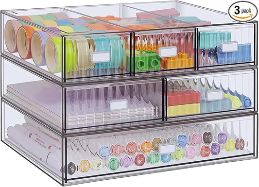 3 Tier Stackable Desk Organizer with 6 Drawers, YOCOMEY Plastic Desktop Storage Box Drawers, Detachable Makeup Storage Office Stationery Supplies Organizer for Office School(Clear)