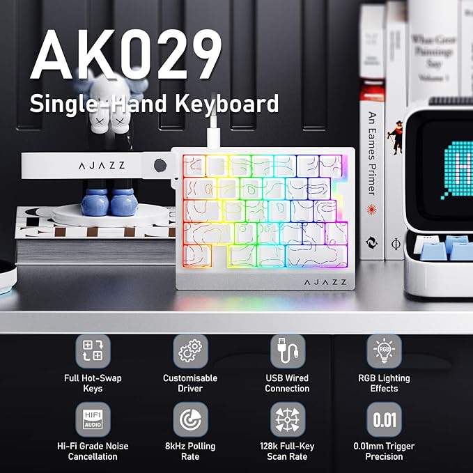 AJAZZ AK029 Wired One Handed Gaming Keyboard,Magnetic Switch, Adjustable Trigger Force, 8KHz Polling, 29 Keys Rapid Fast Mechanical Keyboard, RGB Backlight, SOCD & DKS, Aluminum Plate.