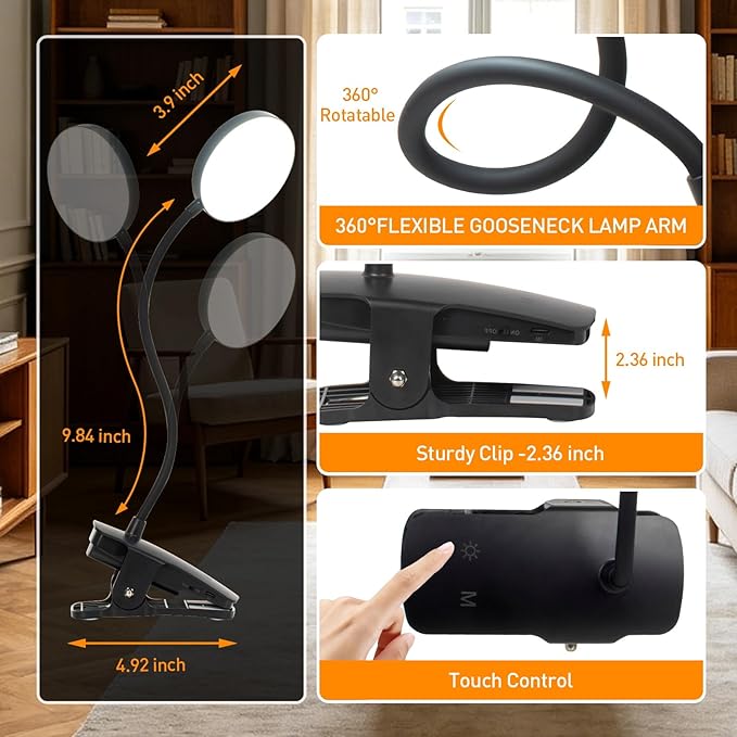 Cordless Clip on Desk Lamp with Clamp, 30 Lighting Modes (6 Colors x 5 Dimming Levels) Eye-Protect 450 Lumen, 360° Flexible Gooseneck & Foldable, Clip on Light for Bed Headboard / Puzzle,Black 2 Pcs