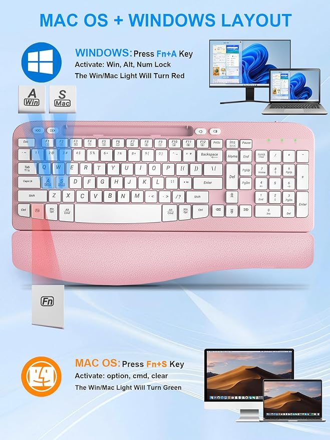 Wireless Keyboard and Mouse Combo, Wave Keys Computer Ergonomic Keyboard with Cushioned Plam Rest, Phone Holder, 2.4GHz Silent 6 Button Wireless Mouse Set for Laptop, PC, Windows, Mac (Pink)