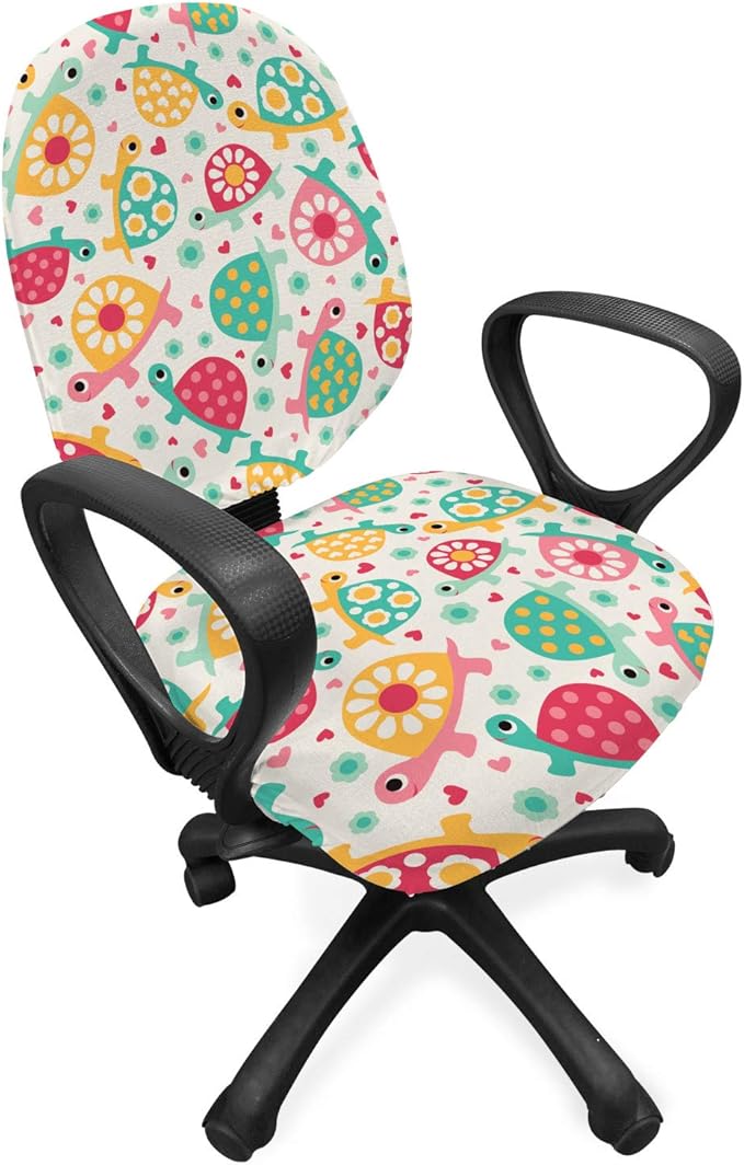 Ambesonne Turtle Office Chair Slipcover, Colorful Design Groovy 90s Floral Boho Ornate Delicate Animals Hippie Feels, Decorative Stretch and Washable Fabric Cover, Standard Size, Teal Magenta