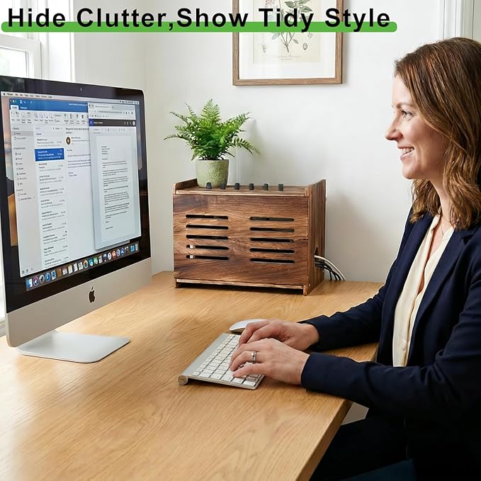 Large Wooden Router Box Hider, Wifi Router Cable Storage Box, Decorative Modem Shelf Hider Cover for Home Power Strip Cable Organization Perforated Cooling Brown