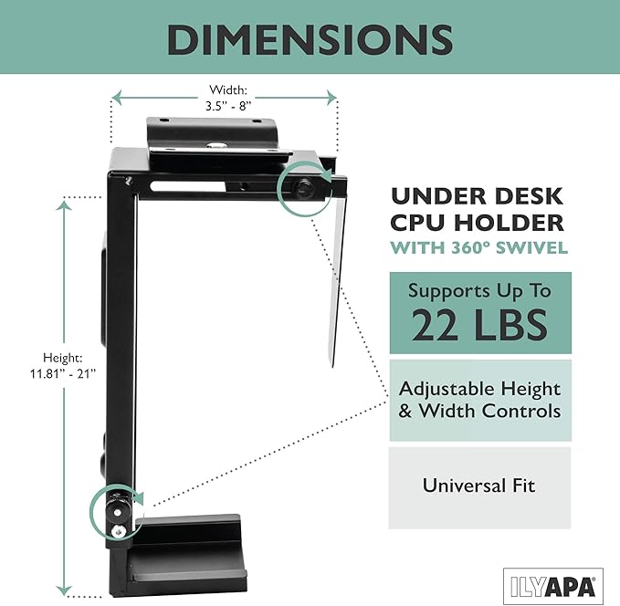 Ilyapa Under Desk Computer Mount with 360 Degree Swivel - CPU Holder for PC Desktop Tower