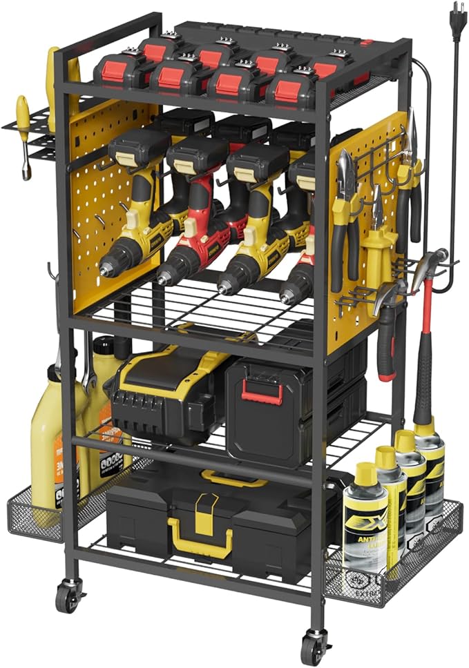 Power Tool Organizer Cart with Charging Station, Heavy Duty Garage Tool Organizer Rolling Tool Battery Storage with 8-Outlet Power Strip, 4 Wheels, 2 Hanging Baskets, 8 Hooks, Drill Bit Holder, Yellow
