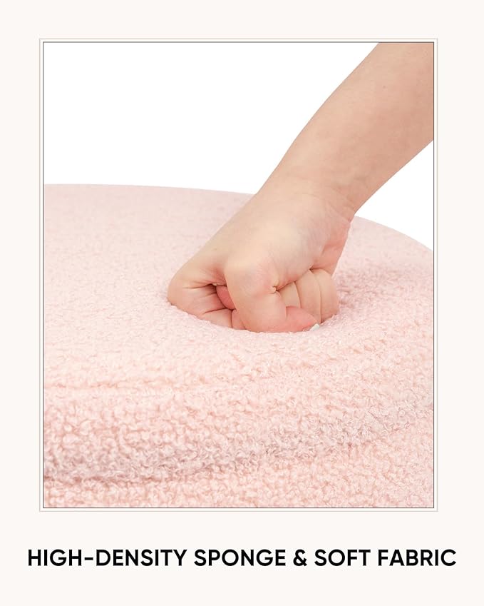 Round Boucle Storage Ottoman, Sherpa Teddy Fabric Ottoman Footstool with Reversible Tray Lid, Folding Footrest with Storage for Living Room, Bedroom, Dorm, Pink, 14.6" x 14.6" x 17.7"