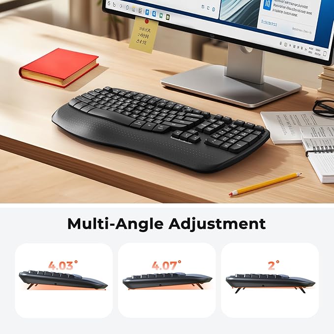 MEETION Wireless Ergonomic Keyboard, Wave Keys Firm Wrist Rest for Natural Typing, 2.4G USB-A Cordless Receiver and USB-C Adapter, Ergo Computer Keyboard Compatible with Windows/Mac/PC/Laptop, Black