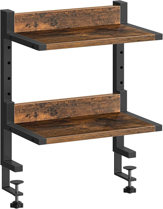 HOOBRO Clamp On Desk Shelf, 2-Tier Desktop Organizer, Space-Saving Desk Shelf with Adjustable Shelves, for Office, Study, Entertainment Accessories, Rustic Brown and Black BF32SJ01