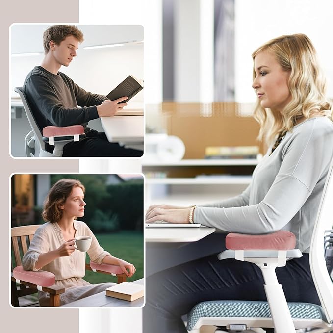 WdFour 2-Pack Non-Slip Armrest Pads for Office & Gaming Chairs - Ergonomic Forearm Support Pillow for Desk, Computer & Wheelchair, Pressure Relief Cushions (Pink)