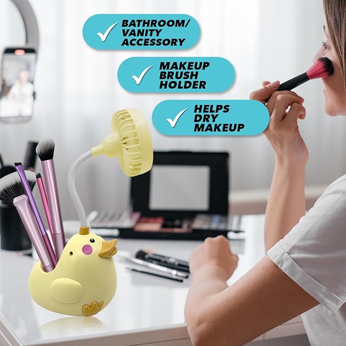Cute Yellow Duck Desk Fan with Pen Holder — Animal Fan, Duck Decor for Office, Funny Accessories, Small USB Fan, Unique Teacher Gift, Coworker Gift, Novelty Decor