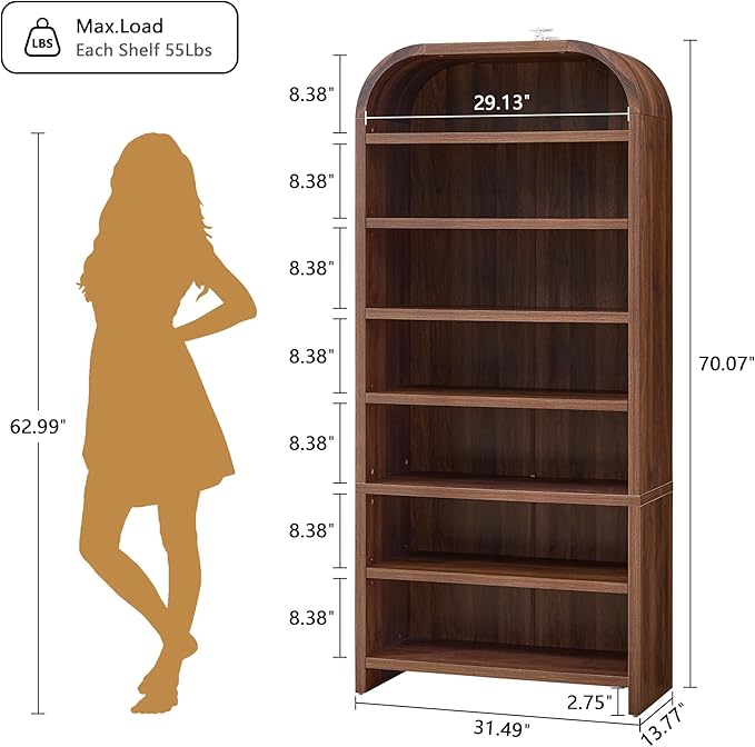 LEVNARY 70" Tall Arched Bookcase, 7-Tier Freestanding Storage Cabinet with Adjustable Shelves, Thick MDF Bookshelf for Bathroom Living Room Bedroom (Walnut)