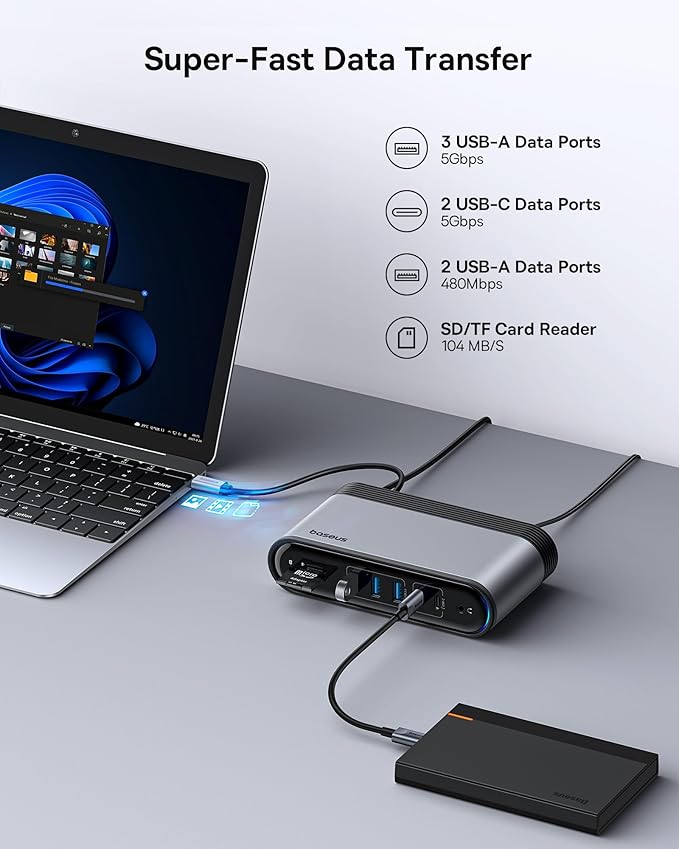 Baseus 17-in-1 Laptop Docking Station 3 Monitors with 4K HDMI+DP, USB C Docking Station with 7 USB, 1000Mbps Ethernet, 100W PD, Card Readers Compatible with Acer/HP/Lenovo/Mac/Dell