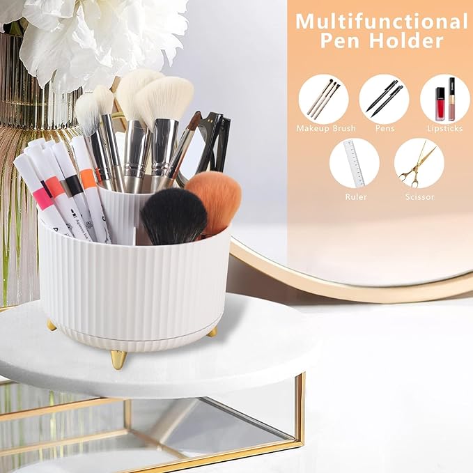 Desk Organizer Pen Holder, 5 Slots 360-Degree Spinning Pencil Organizers, Pencil Cups Desktop Storage Stationery Supplies for Office School Home,White
