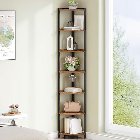 Hzuaneri Corner Shelf Stand, Corner Bookshelf, Storage Standing Shelf Unit with Metal Frame, Plant Stand, Bookcase for Living Room, Home Office, Bedroom, 7-Tier Rustic Brown CS07001B