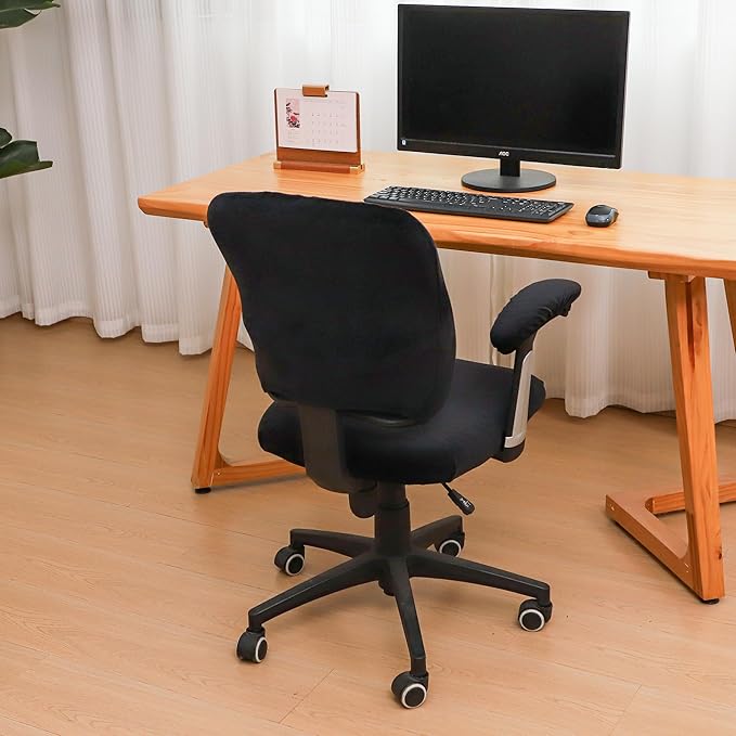 4 Pieces Velvet Office Chair Cover for Desk Chair Back and Seat with Armrest Covers Stretch Black Split Office Chair Slipcovers Set Washable