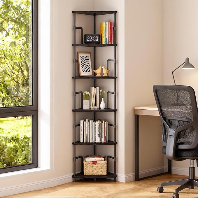 MAHANCRIS 65" Corner Shelf, 6-Tier Industrial Corner Bookshelf with Metal Frame, Small Plant Stand, Display Shelf for Living Room, Bedroom, Home Office, Small Spaces, Black CSBK6601