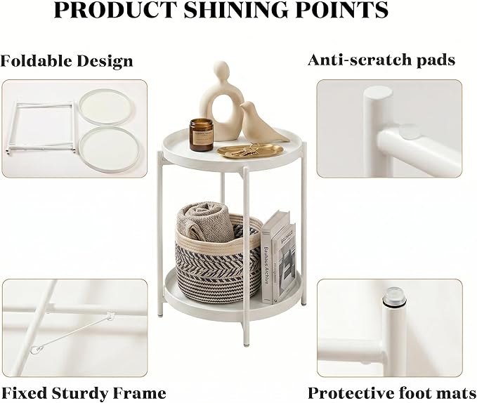 TeoKJ 2 Tier Round Side Table, Folding Round Metal End Table Small Nightstand with Two Removable Tray for Bedroom Living Room Bedside Small Spaces White