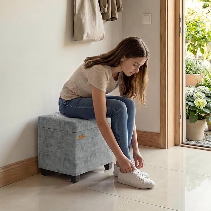 ABHENG Chenille Metal Framed Storage Ottoman,12.2" D x 16.1" W x 17.7" H Tufted Upholstered Ottoman with Storage,Foot Rest Stool with Legs,Holds 770 LB for Dorm Living Room Bedroom Gray UASND70G