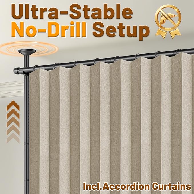 AJAZZ Room Divider Curtain (2 Panels, Beige, W100 x L84 in)+ Curtain Rods No Drilling Adjustable Tension (H) 43-120×(W) 35-200 in, Heavy Duty Wall Divider for Apartment/Dorm
