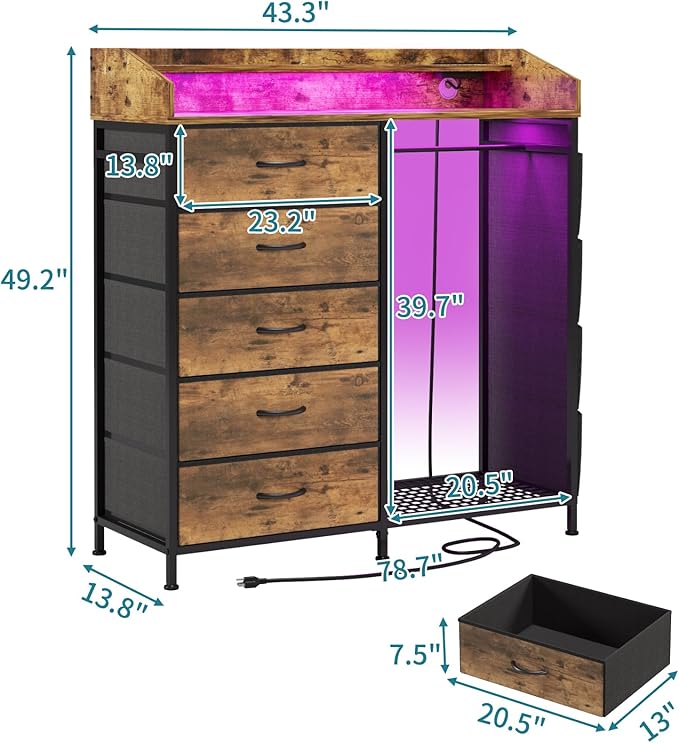 LUMTOK 2-in-1 Dresser with Hanging Racks,5 Fabric Drawers Dressers with LED Lights, Charging Station for Bedroom Living Room, Entryway, Closets (Rustic Brown)