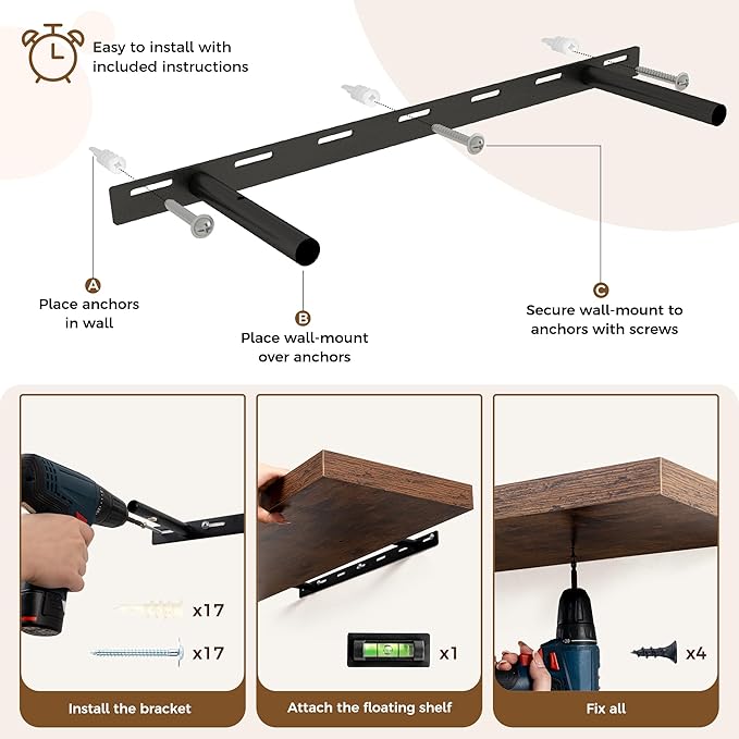 Axeman 72Inch Floating Shelves for Wall, Rustic Wood Shelves for Bedroom, Bathroom, Kitchen, Hanging Wall Mounted Shelf with Invisible Brackets for Books Decor, Set of 1, Black
