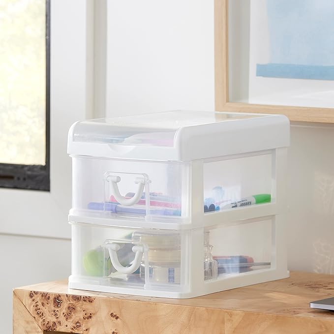 Gracious Living 2 Drawer Desktop & Countertop Organizer with Flip Top Lid for Office Supplies and School Supplies, White/Clear (2 Pack)