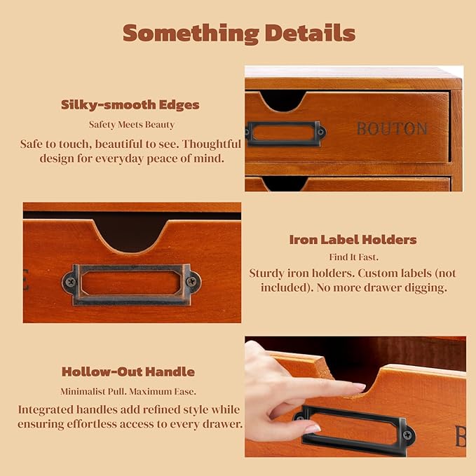 16-Drawer Wooden Desk Organizer Storage Box with Label Holders Vintage Wood Desktop Organizer, Desk Drawer Unit Collectors Box for Living Rooms, Bedrooms, Offices (Brown, 4PCS, 16 Drawers)