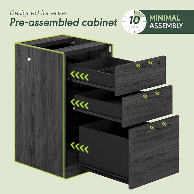 Furinno Roger 47 Inch Executive Desk with File Cabinet, Home Office Desk with 3-Drawer Fixed Pedestal Filing Cabinet, Desk Cord Grommet, for Home Office, Coastal Grey