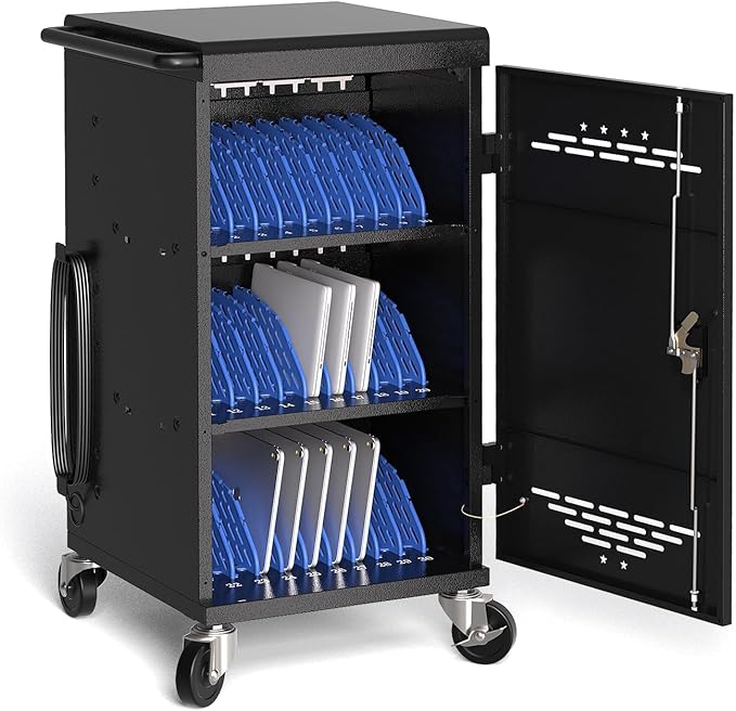 Laptop Charging Cart,30 Charging Station for Chromebook and iPad - Black Computer Charging Cart with Cable Management & Charger Organization for School Classroom & Office, Assembly Required