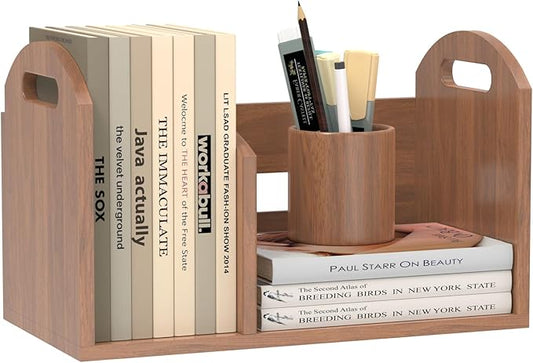 Wood Desktop Bookshelf, Upright Tabletop Book Shelf With Adjustable Divider Secure Books in Place, Desk Shelf for Top of Desk in Living Room Home Office, Perfect for Books Magazine File (Walnut Brown)
