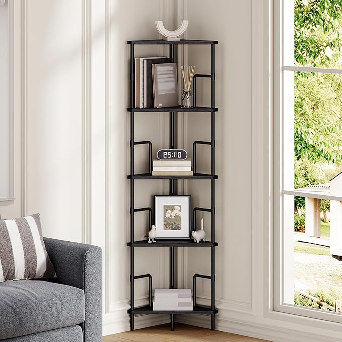 MAHANCRIS 52.8" Corner Shelf, 5-Tier Industrial Corner Bookshelf with Metal Frame, Small Plant Stand, Display Shelf for Living Room, Bedroom, Home Office, Small Spaces, Black CSBK5501
